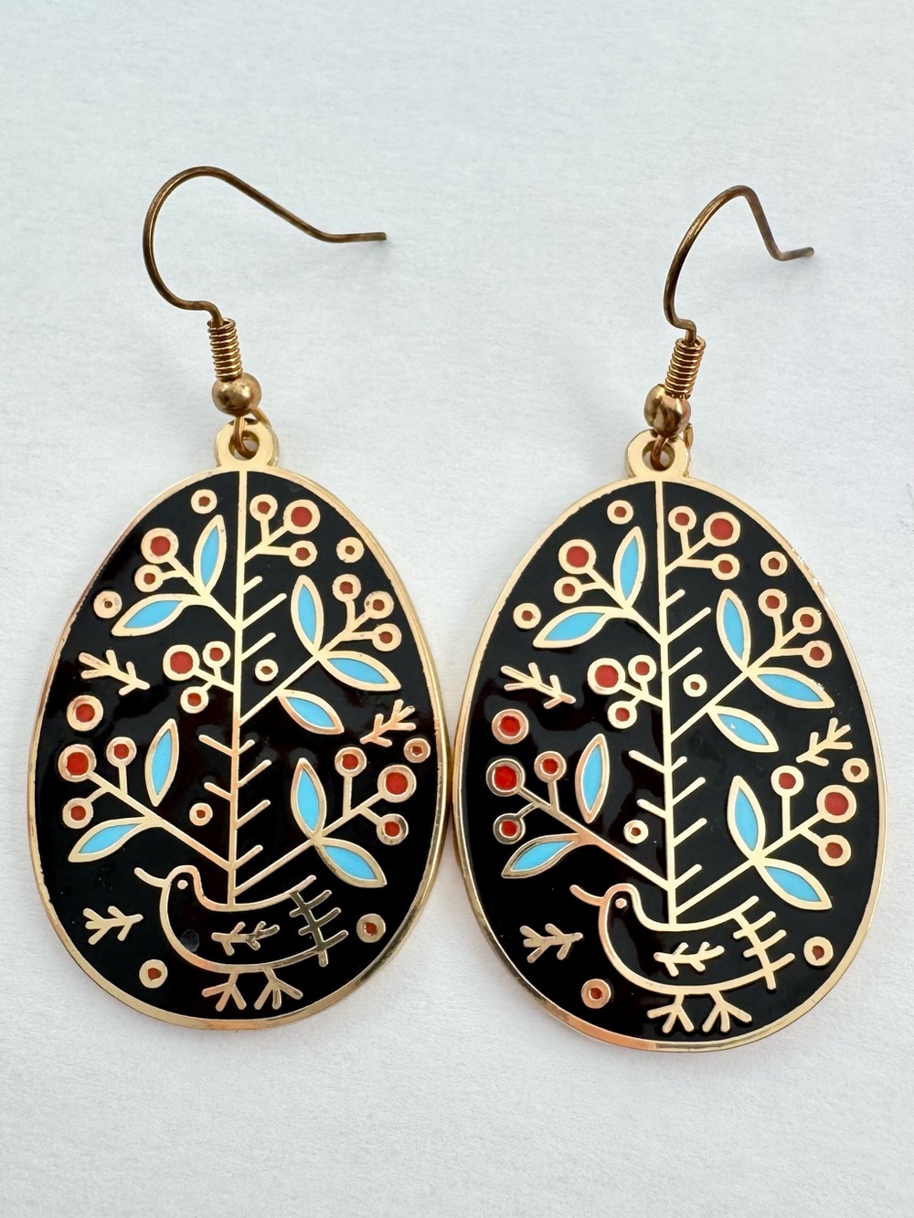 Folk Art Cloisonne Dangle Earrings Bird Berry Branches Tree Leaves